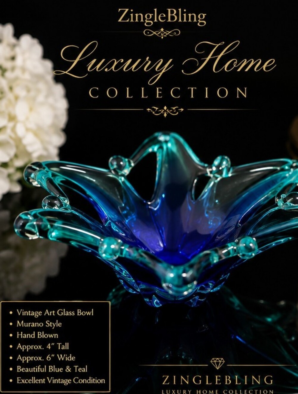 Vintage Murano Style Hand Blown Art Glass Bowl Blue Teal Freeform Star
